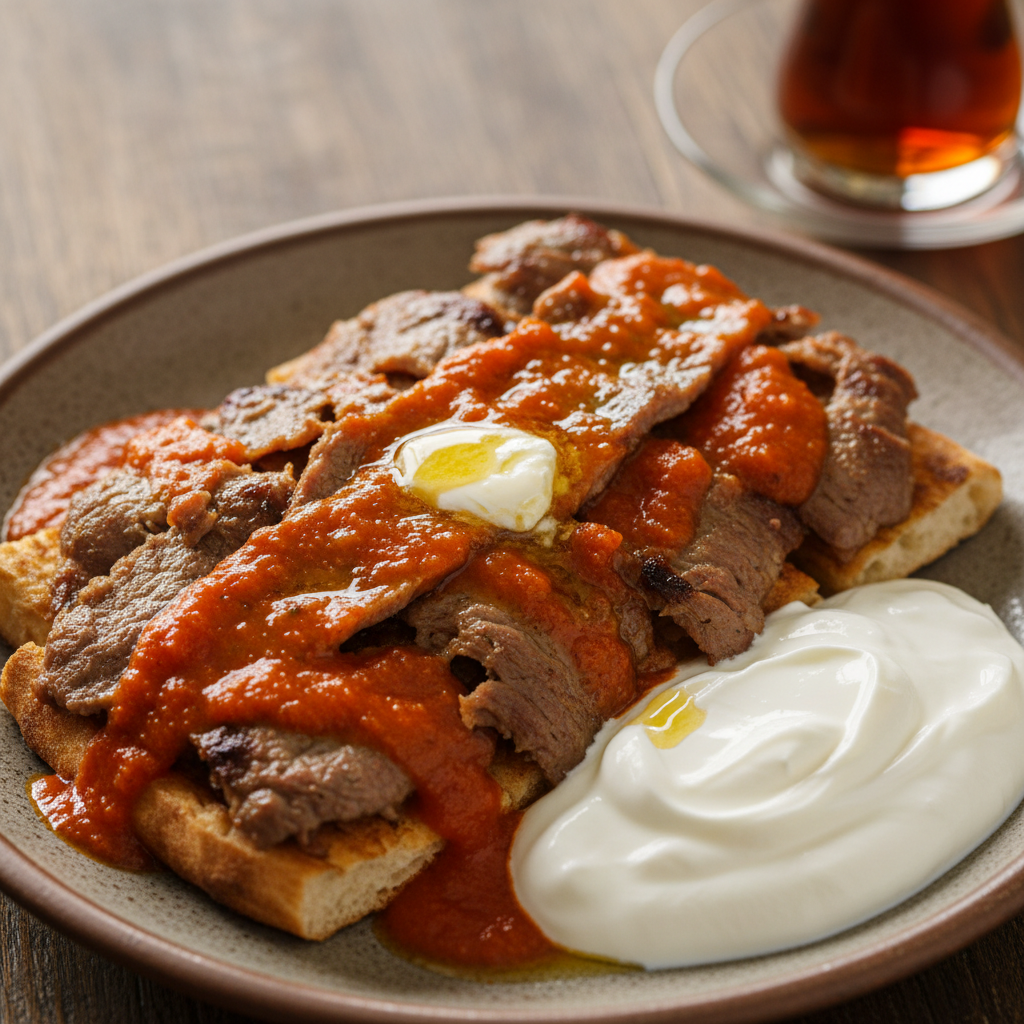 İskender kebab with tomato sauce butter and yogurt on a plate