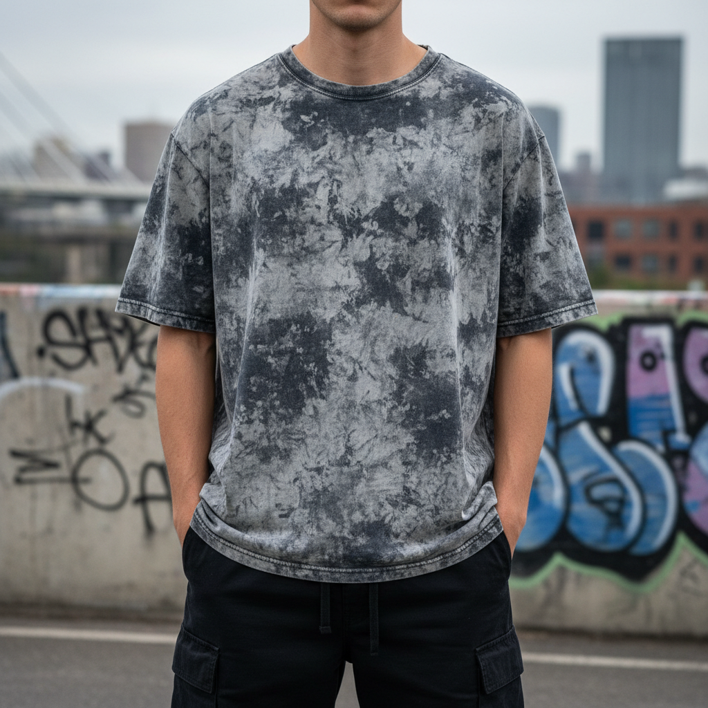 Black acid wash heavyweight t-shirt against white background, clean product photography