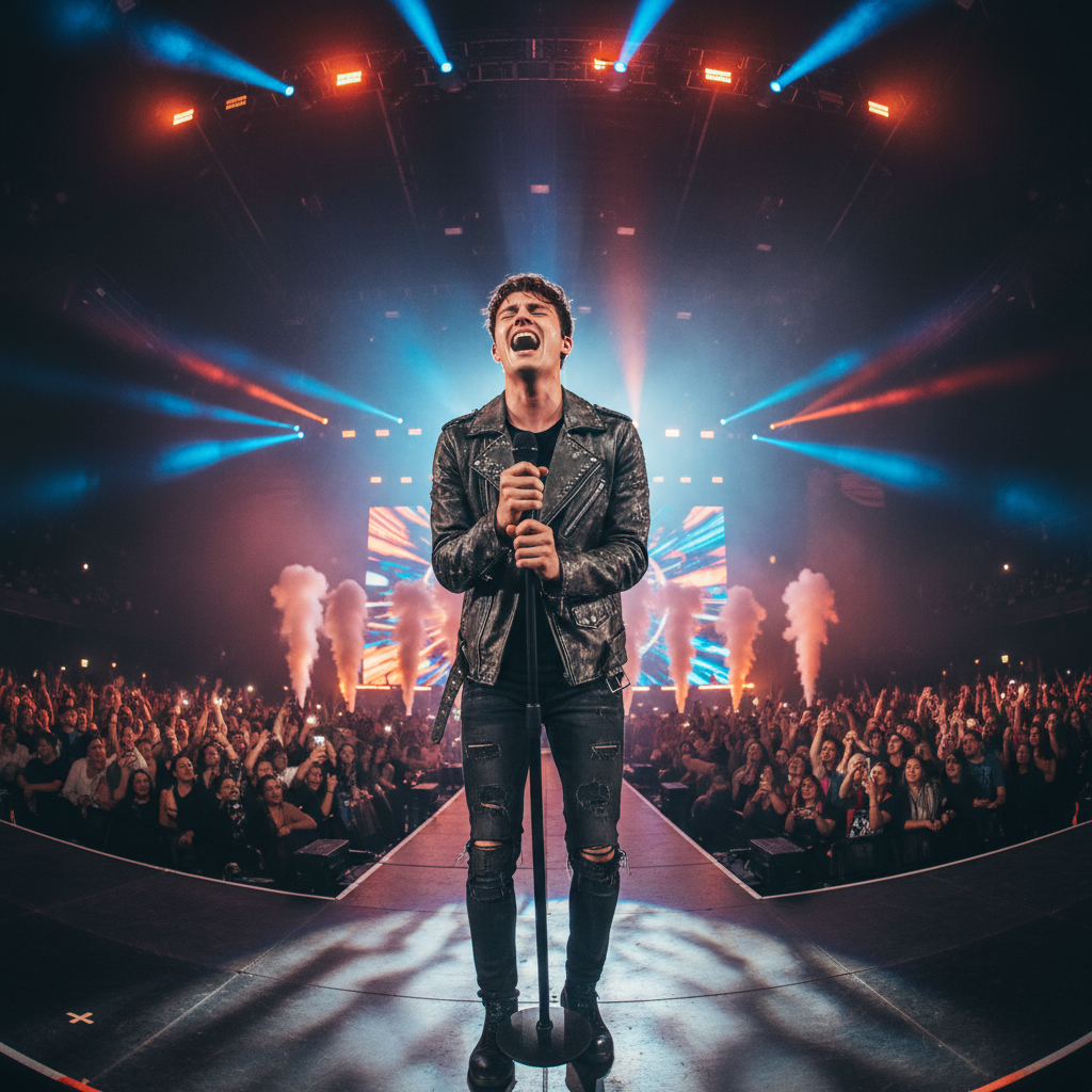 Young male pop-trap artist performing with microphone in dark atmospheric setting with colored lights
