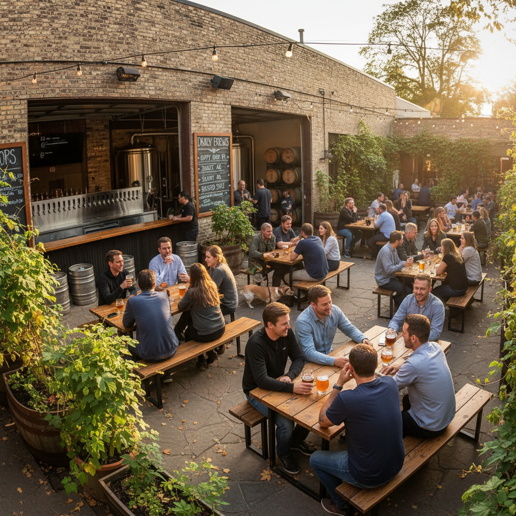 Brewery taproom outdoor patio on a sunny afternoon
