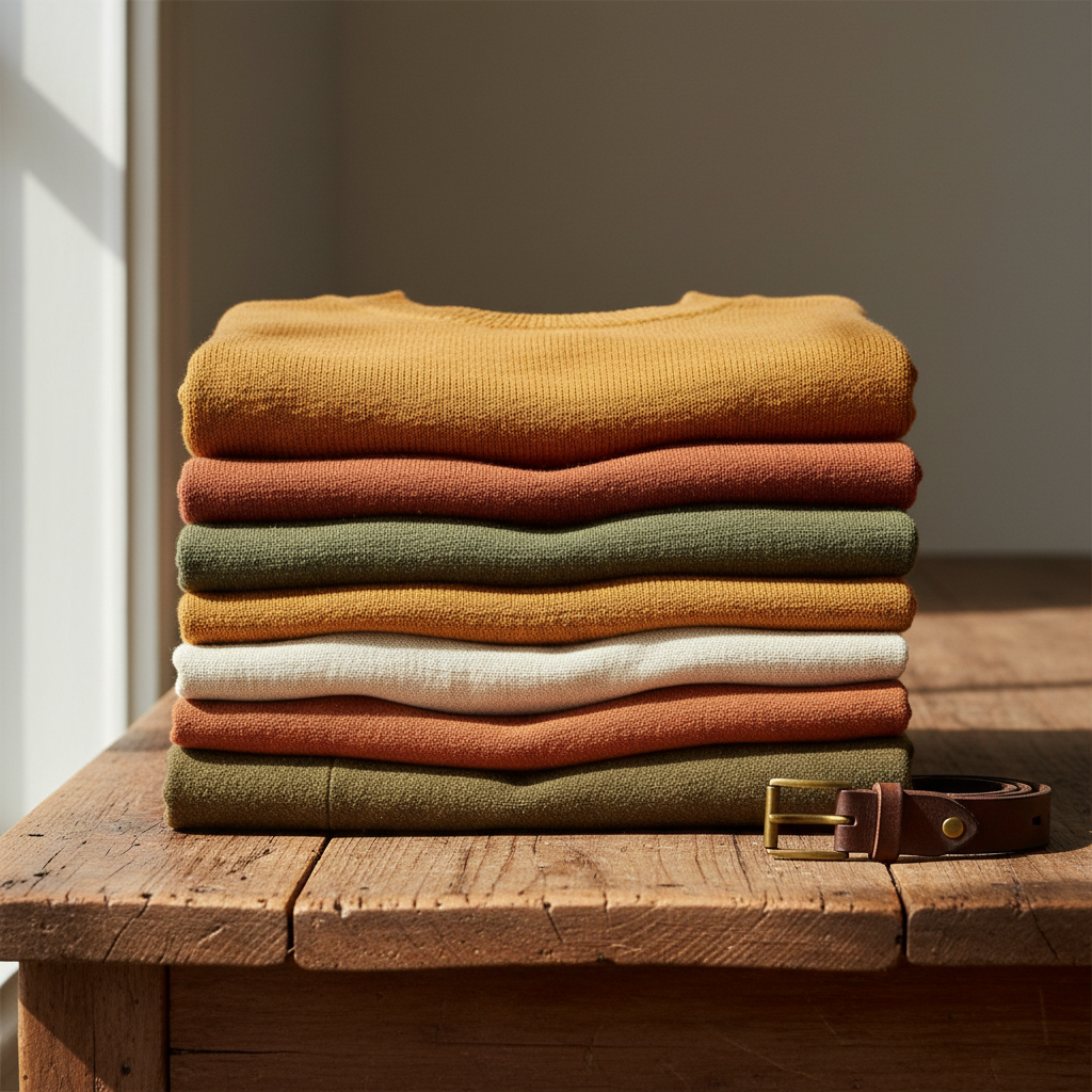 Neatly folded natural cotton garments in earth tones on a wooden surface, bright airy studio lighting