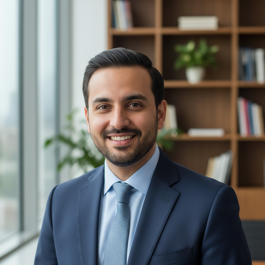 Professional man in suit looking confident, neutral background