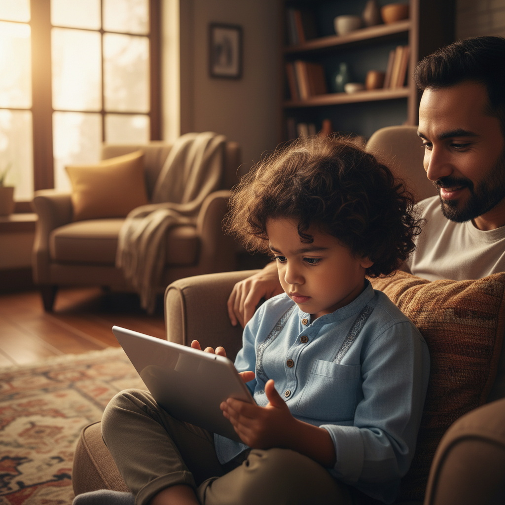 Child using tablet with parent supervising in living room