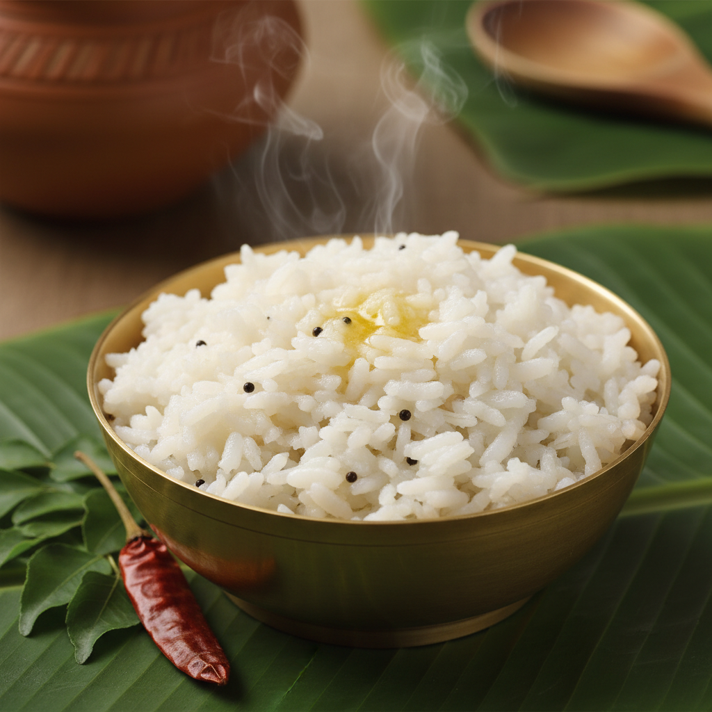 Warm Indian kitchen with golden vermicelli strands in a traditional brass bowl, soft morning light, amber steam, dark wooden background, low-key warm atmospheric lighting