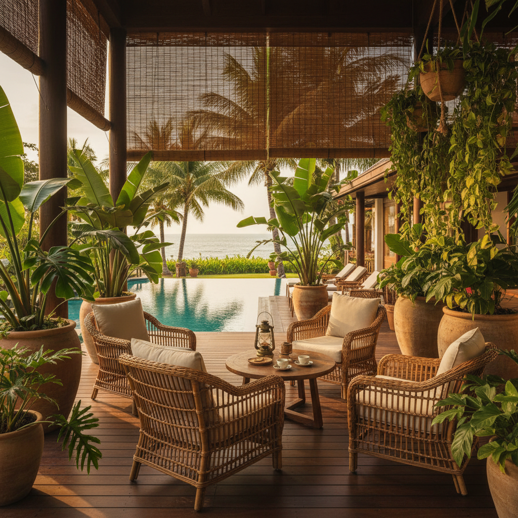 Sunlit tropical veranda with palm shadows on wooden floor, warm afternoon light, relaxed atmosphere