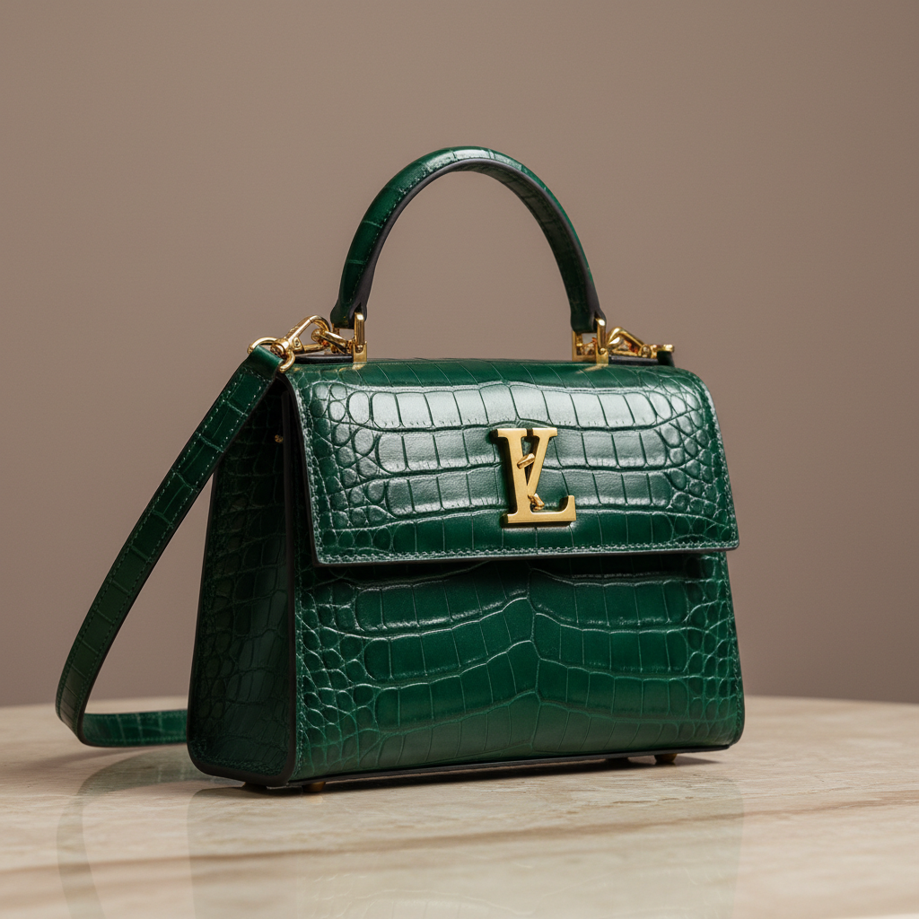 Luxury brown leather briefcase with gold hardware on marble surface