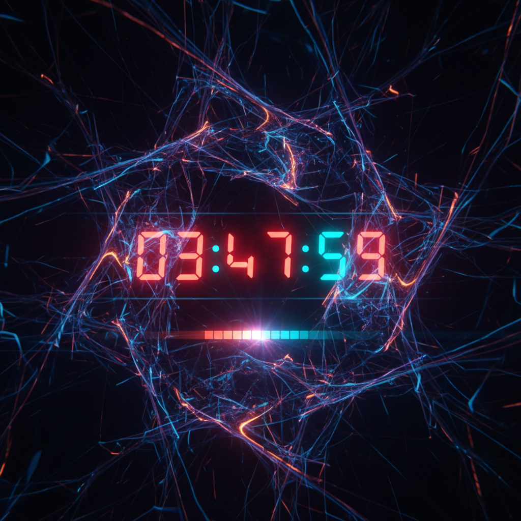 Abstract digital art with glowing countdown timer overlay on dark background