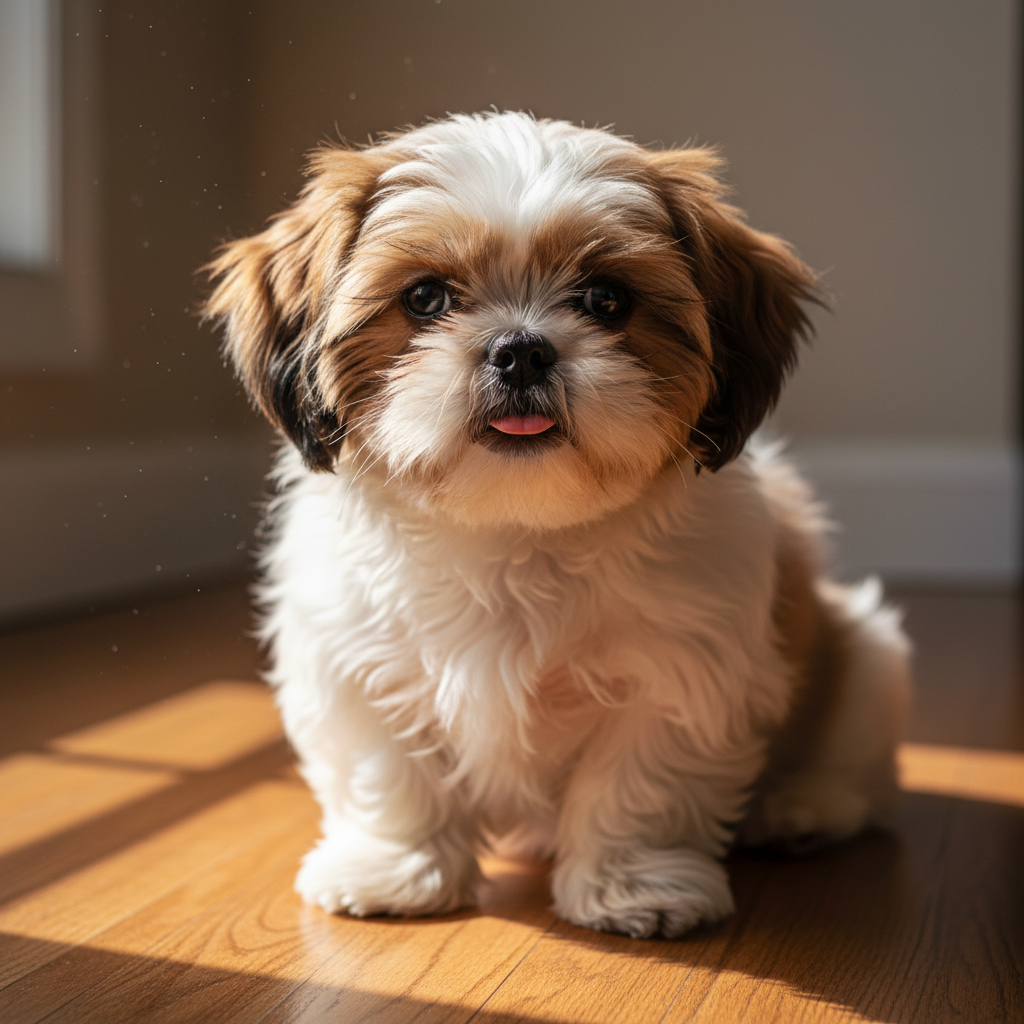Fluffy Shih Tzu puppy sitting on hardwood floor with a stubborn expression, warm morning light
