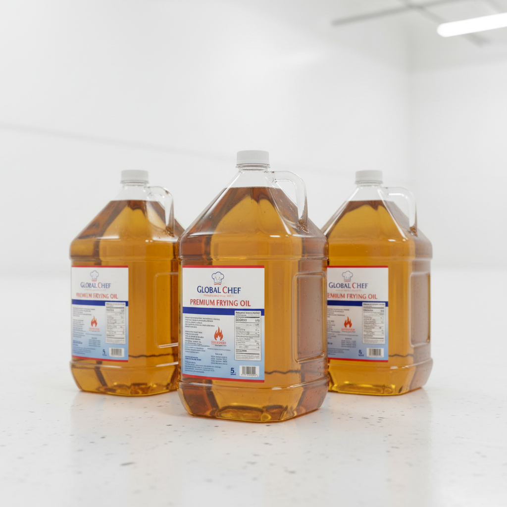 Golden cooking oil containers in a well-lit warehouse