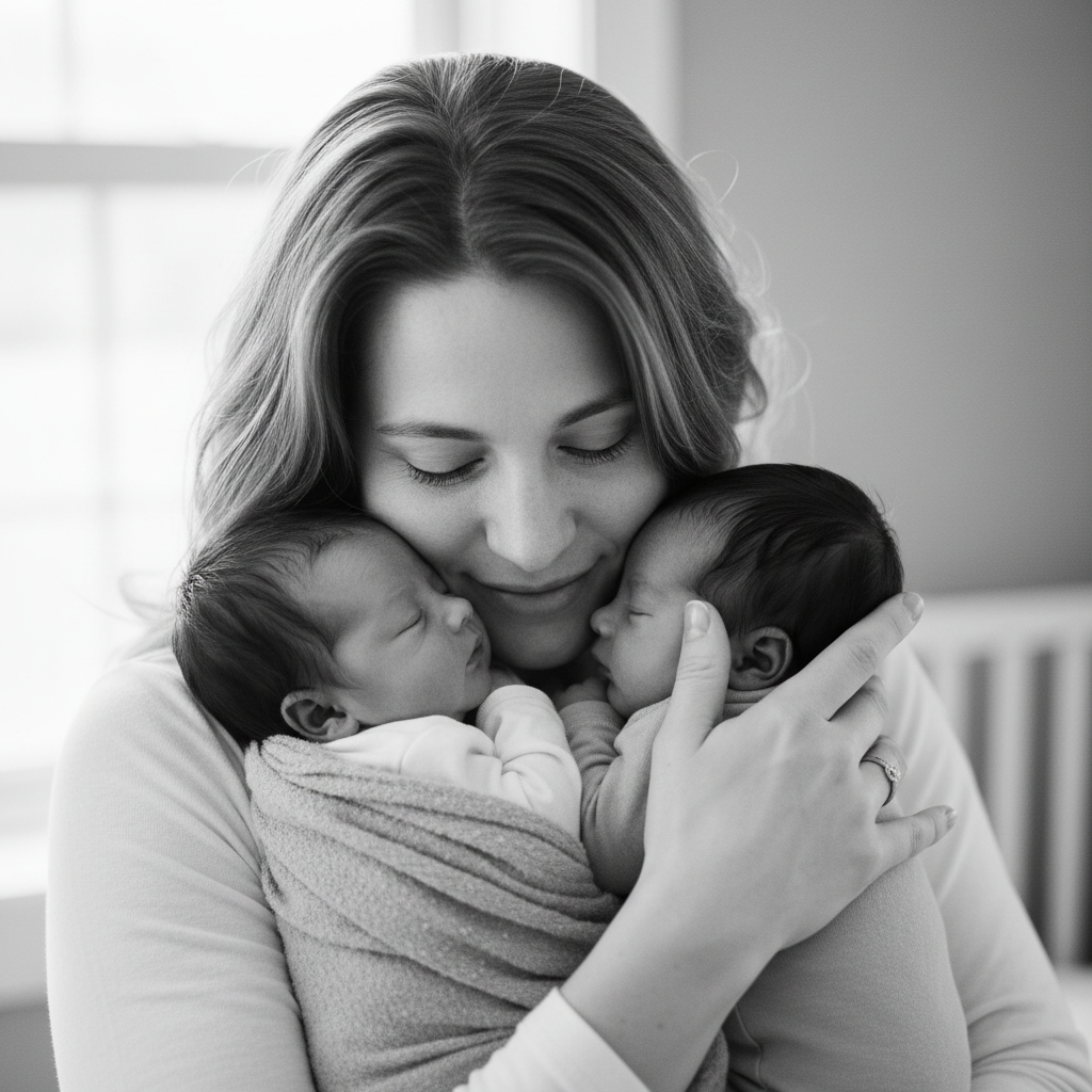 Mother holding two newborn infants, hands and faces close, intimate black and white editorial photograph