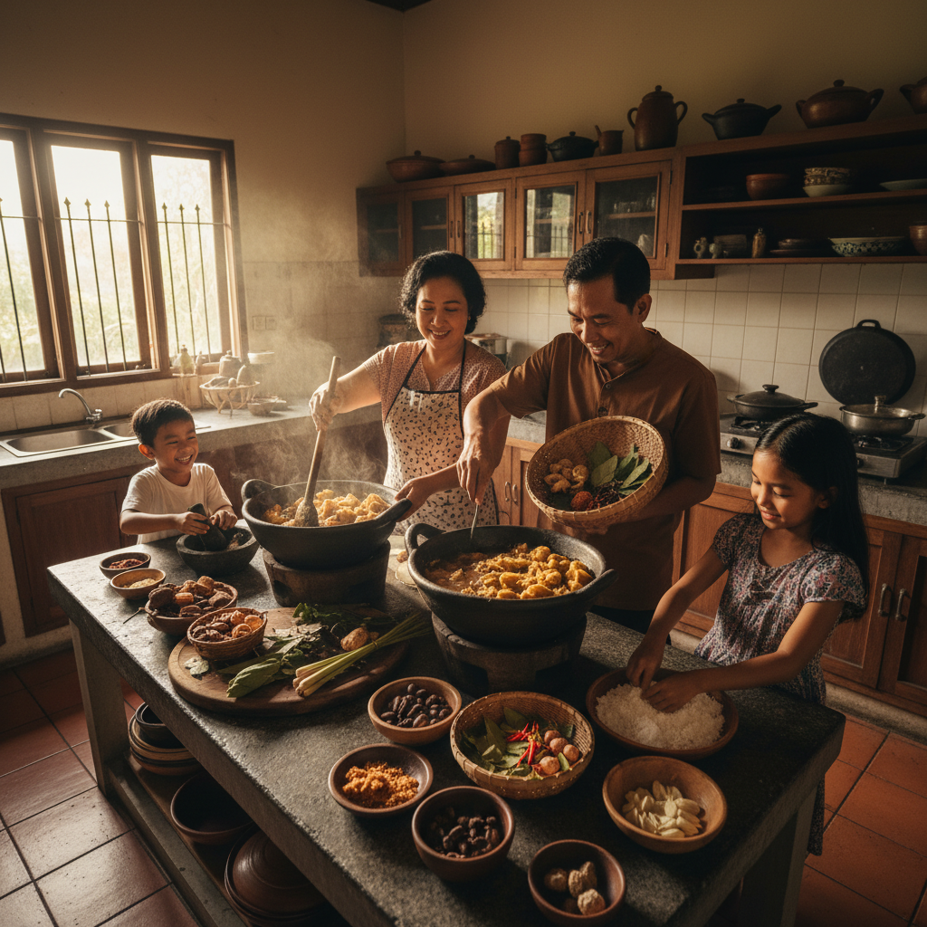 Four children in oversized aprons cooking together at a sunlit kitchen counter, with bowls of colorful ingredients, flour in the air