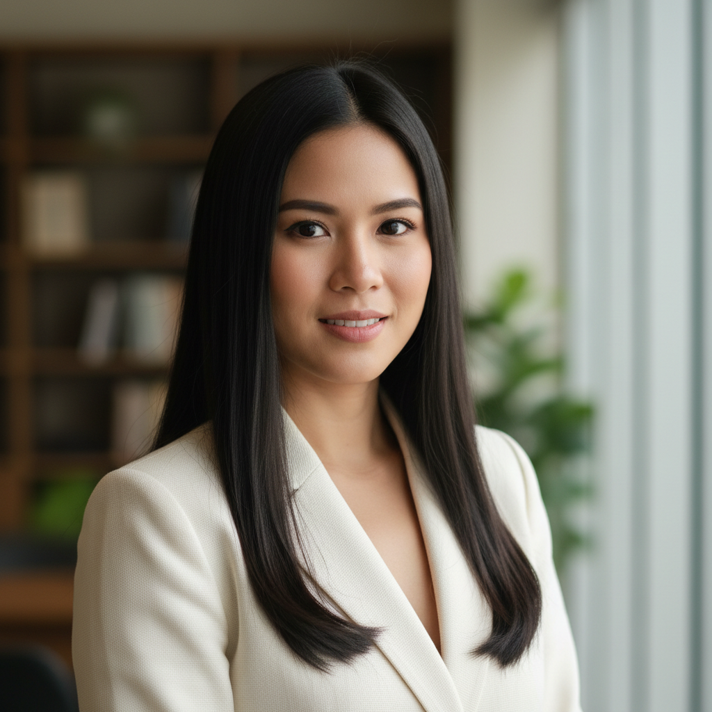 Smiling Filipino woman with long black hair in white blouse