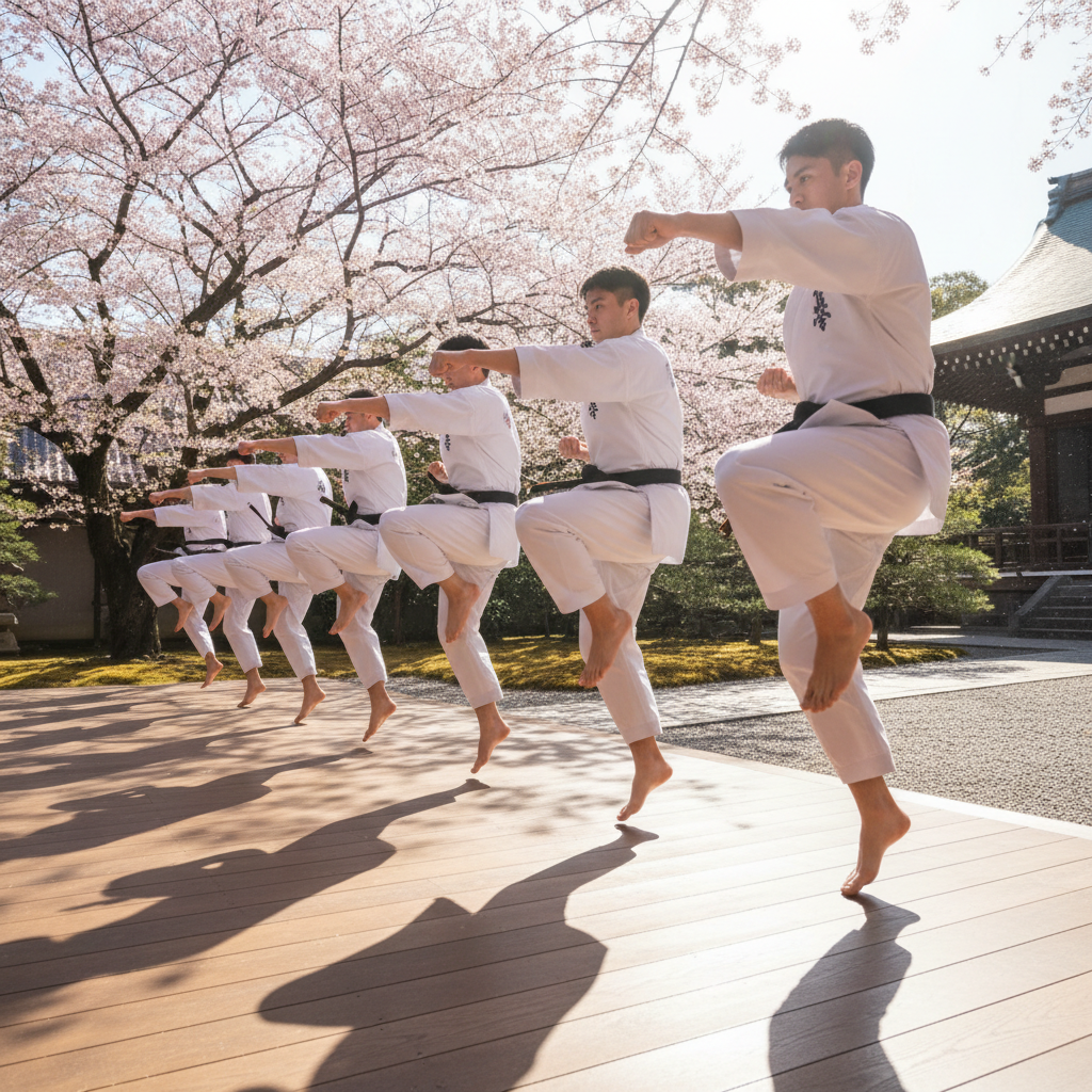 Karate team performing synchronized kata during spring competition, frozen mid-movement in perfect unison