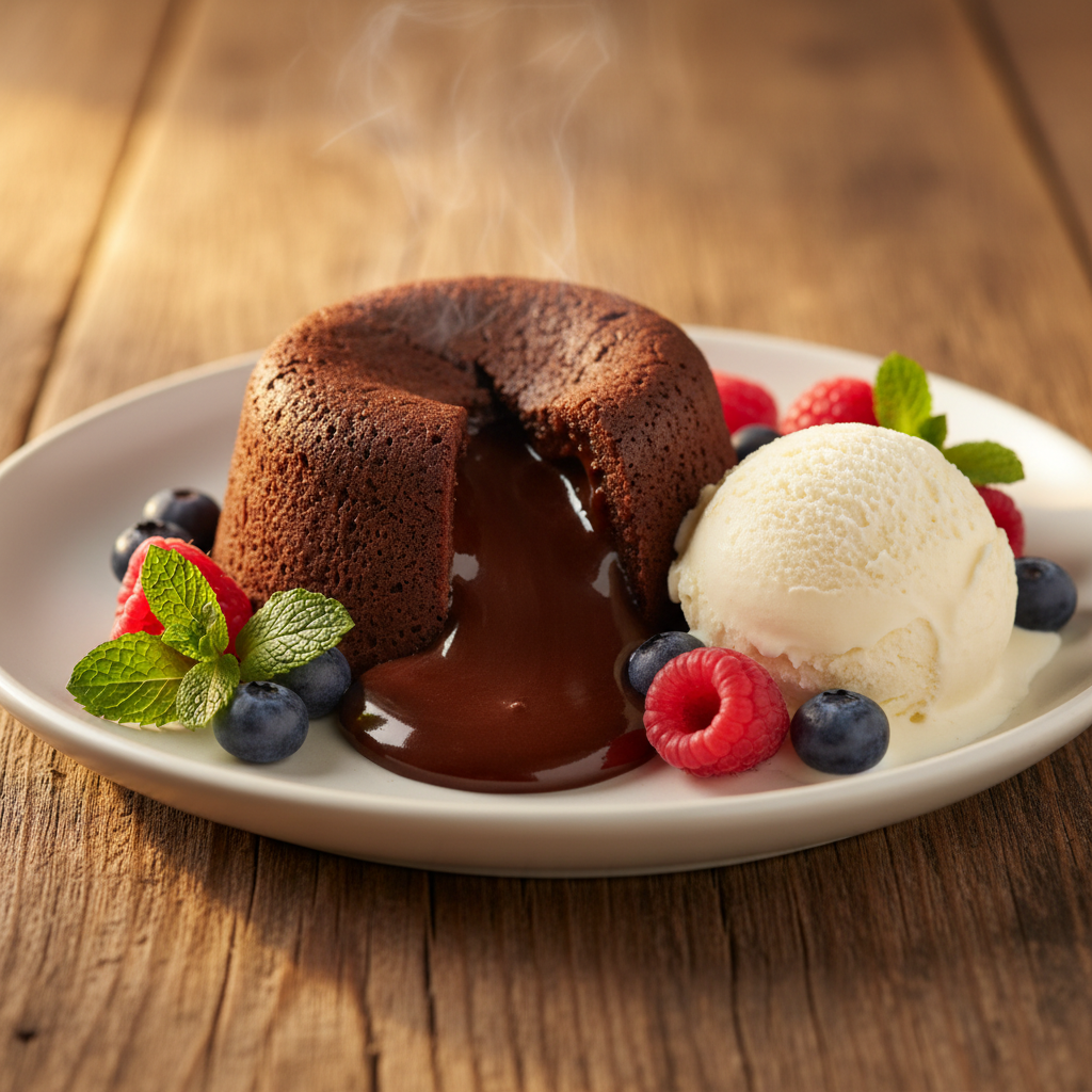 Warm chocolate lava cake with flowing chocolate center and vanilla ice cream scoop
