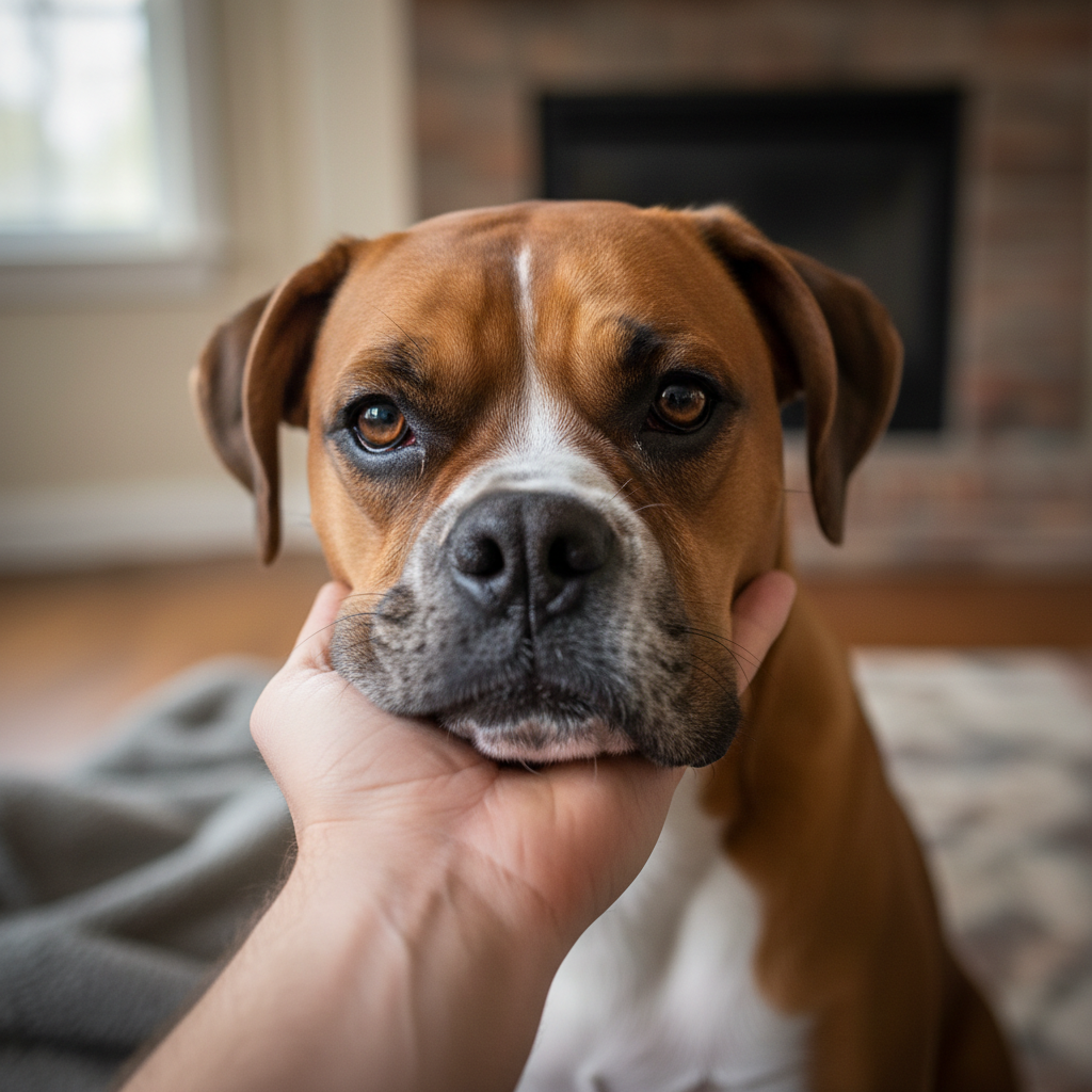 Gentle boxer dog pressing its wide forehead tenderly into its owner's open palm, eyes soft and trusting