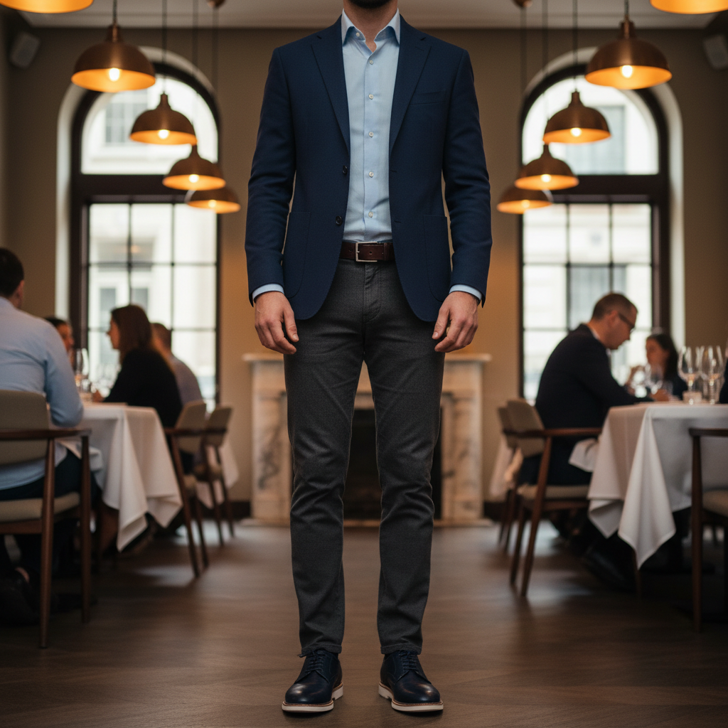 Man at upscale restaurant wearing Stride Moto Navy Bone shoes with smart casual dinner attire