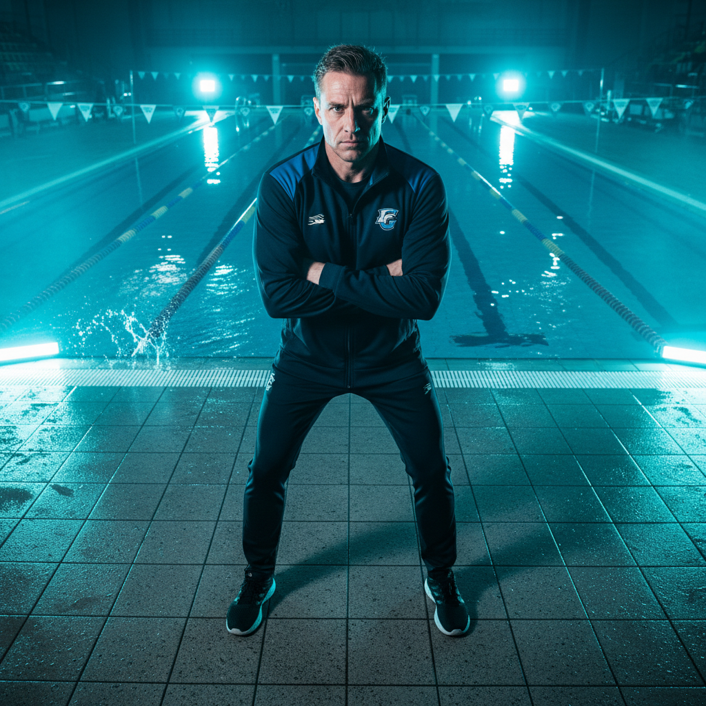 Head swim coach standing arms-crossed on pool deck in dramatic cyan neon side-light, athletic stance, professional intensity