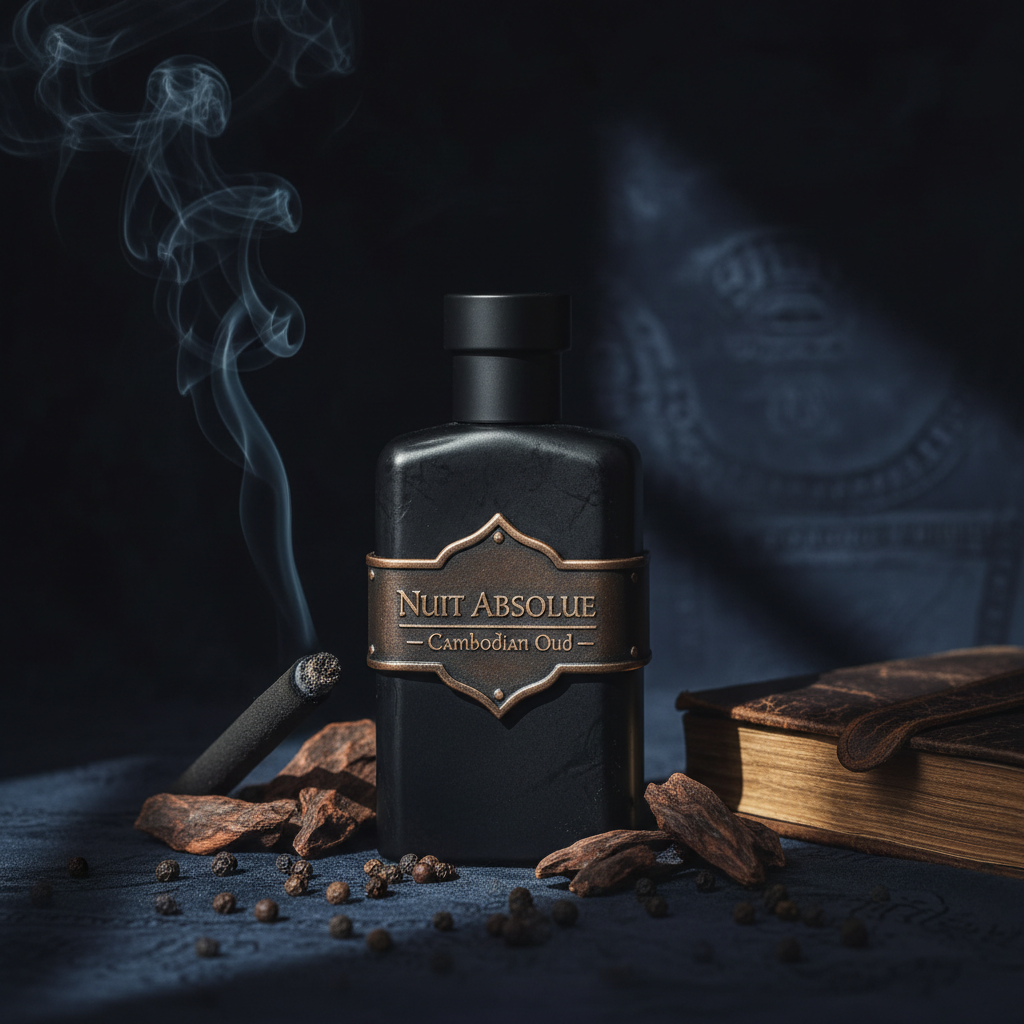 Dark green perfume bottle on slate surface with cedar bark and black peppercorns