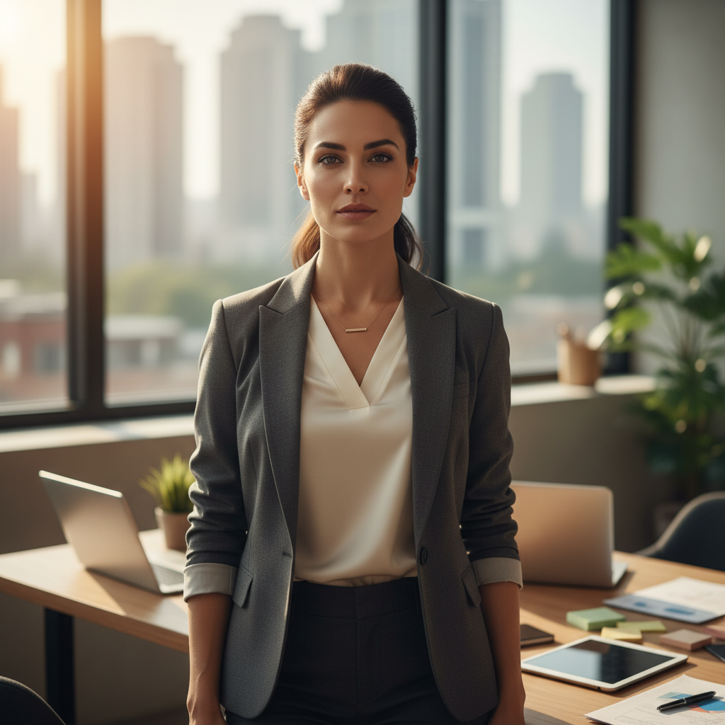 Confident business executive in professional suit against neutral background