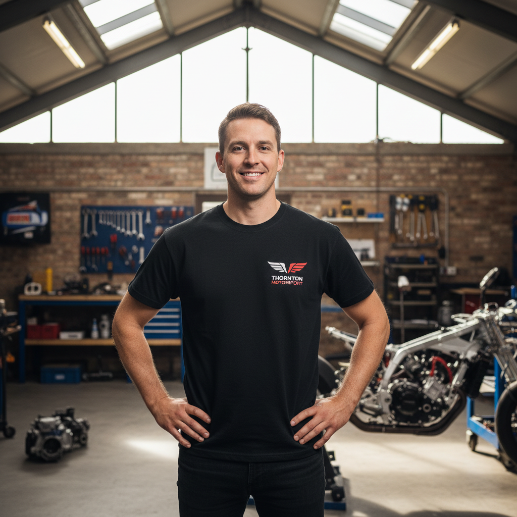 Jake Thornton in a workshop wearing a Thornton Motorsport t-shirt