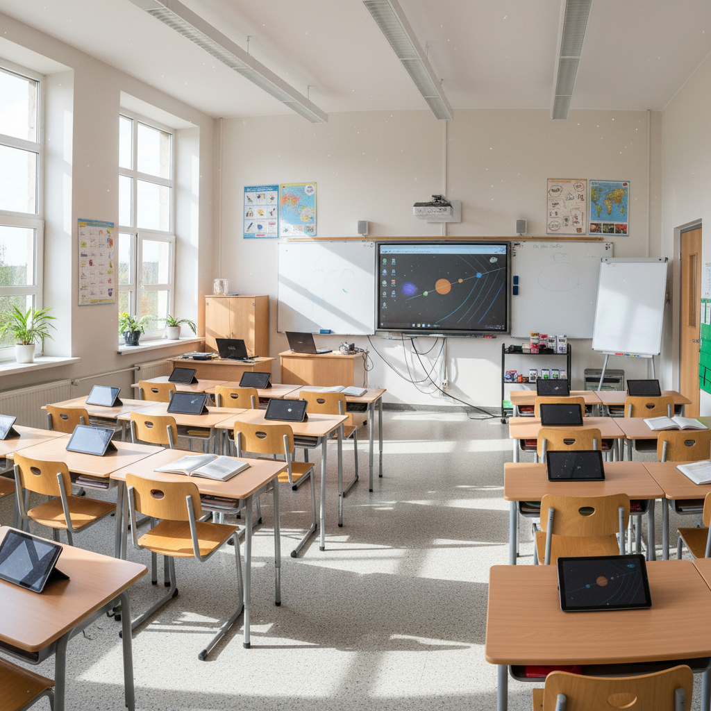 Modern smart classroom with large interactive whiteboard, bright lights, and rows of student desks