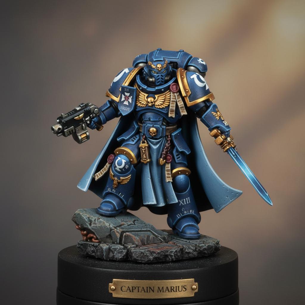 Display-level painted Space Marine captain in Ultramarines blue with freehand heraldry and NMM gold trim on black plinth