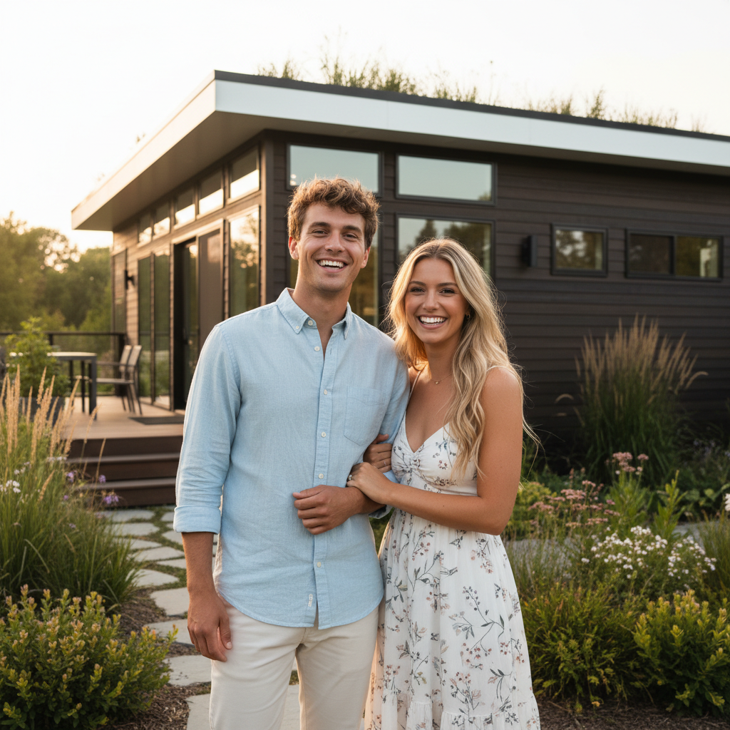 Young couple Daniel and Priya Kowalski standing in front of their new modular home