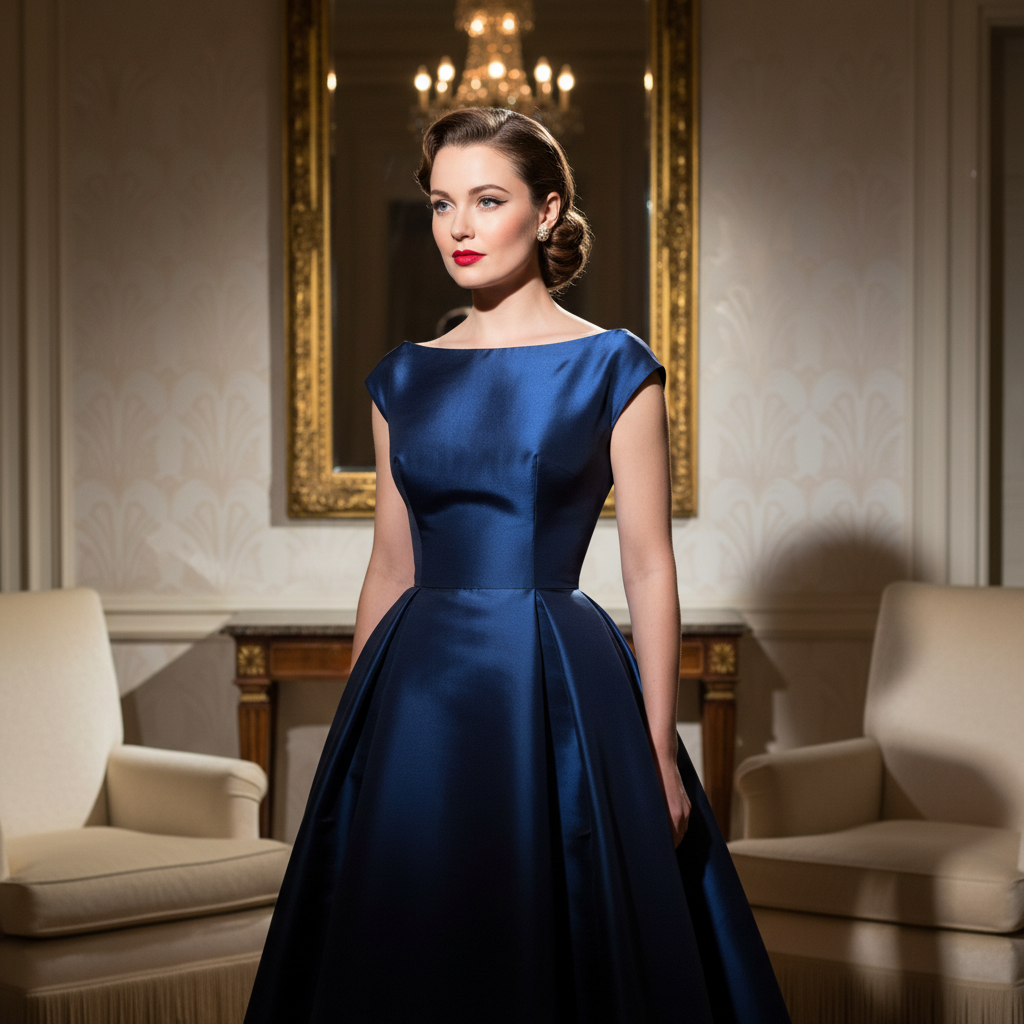 1950s golden age fashion photography, sophisticated model in structured cocktail dress, elegant interior, glamorous Hollywood lighting