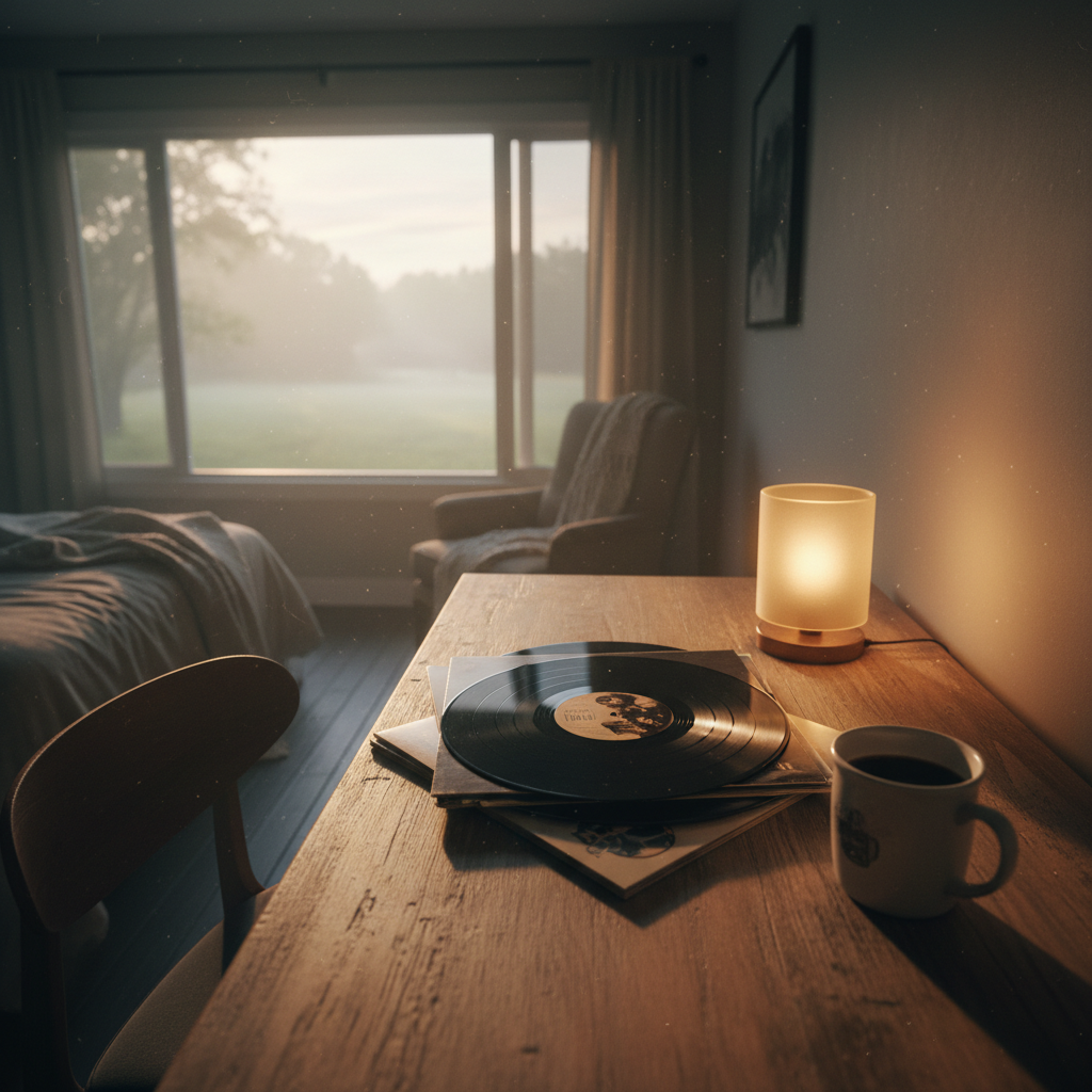 Cozy bedroom studio with soft lamp light and vintage equipment