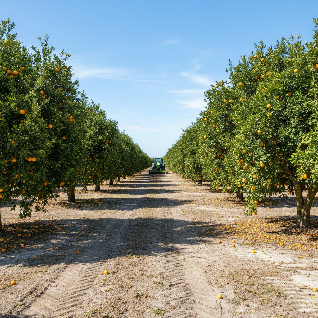 Florida citrus grove showing clear ground clearance under tree canopies, clean lower zone with equipment access visible between rows