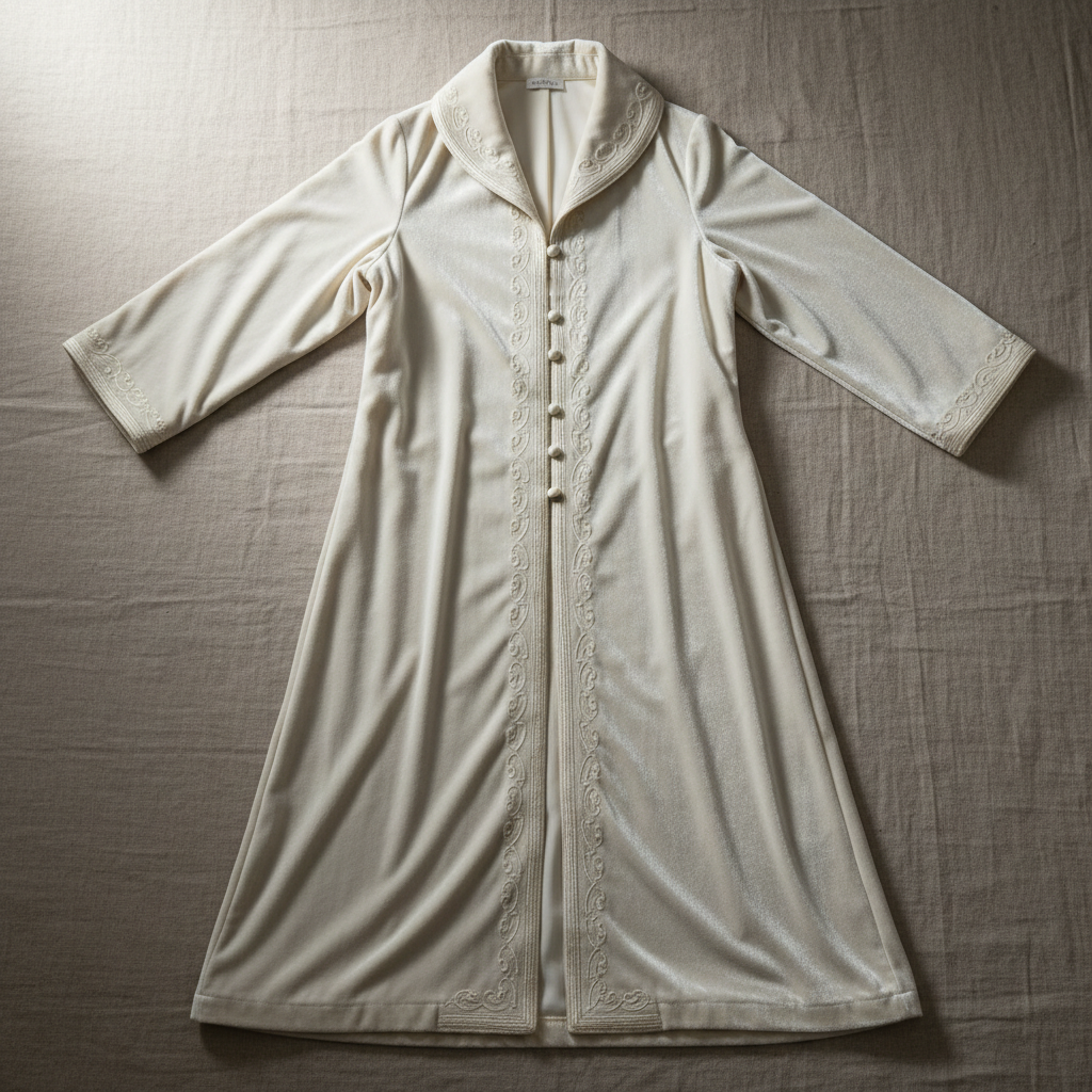 White embroidered traditional robe laid flat on dark surface, gold thread details, elegant fabric texture
