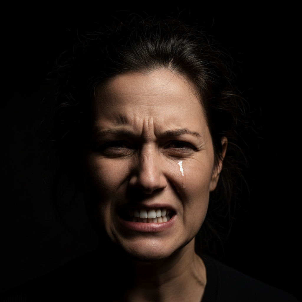 Dramatic Rembrandt lighting studio portrait, deep shadow