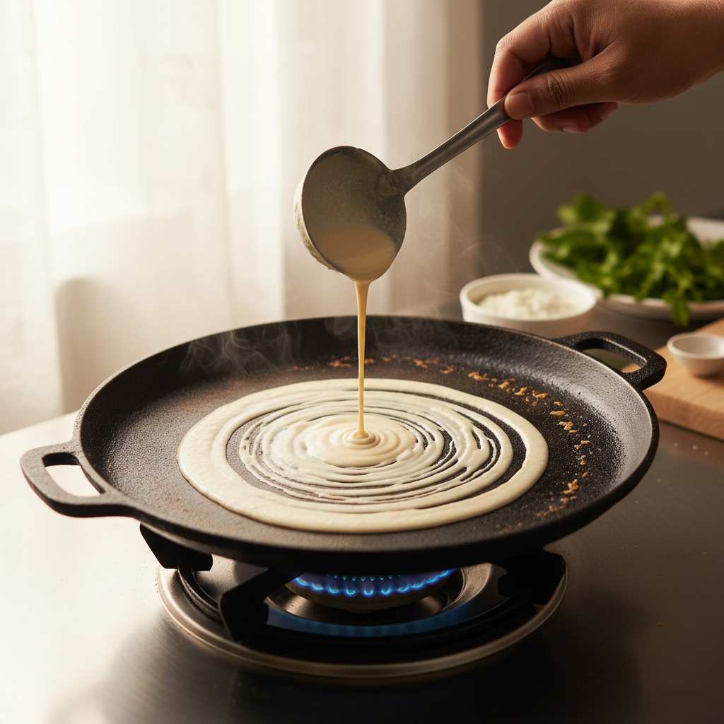 Cast-iron tawa on a gas flame, batter being poured in a circular motion, morning light