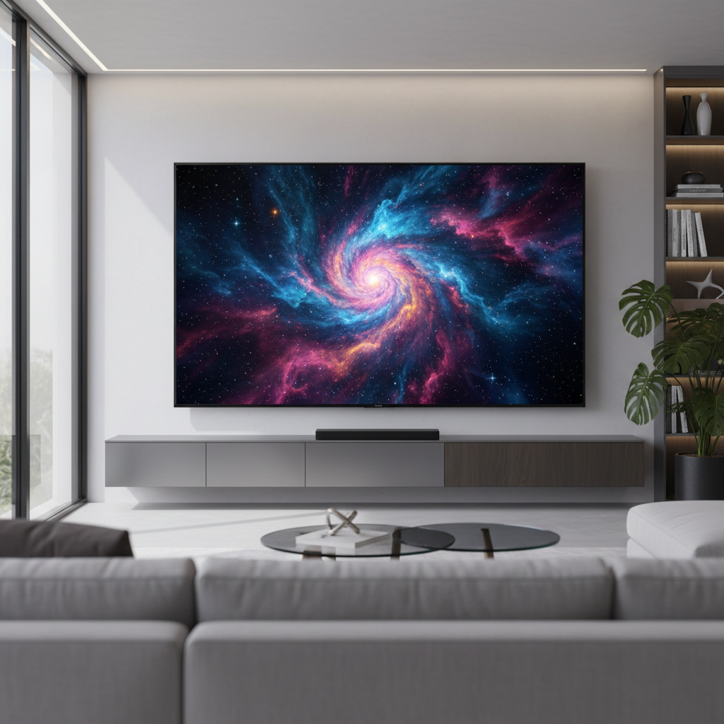 Modern living room with purple ambient LED lighting and large TV showing galaxy wallpaper, sleek white furniture, dim atmospheric interior
