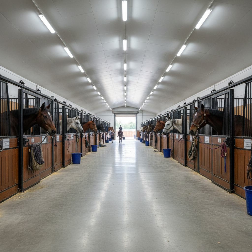 Interior of a large equestrian facility with wide aisle, bright overhead lighting, and multiple stall fronts with horses