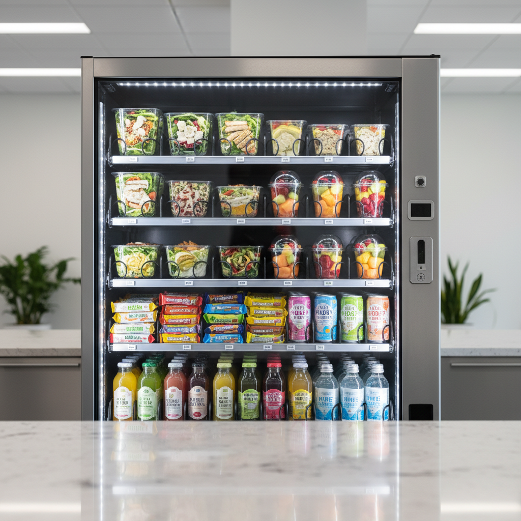Fresh food vending machine with colorful healthy options including salads and fruit in bright modern cafeteria
