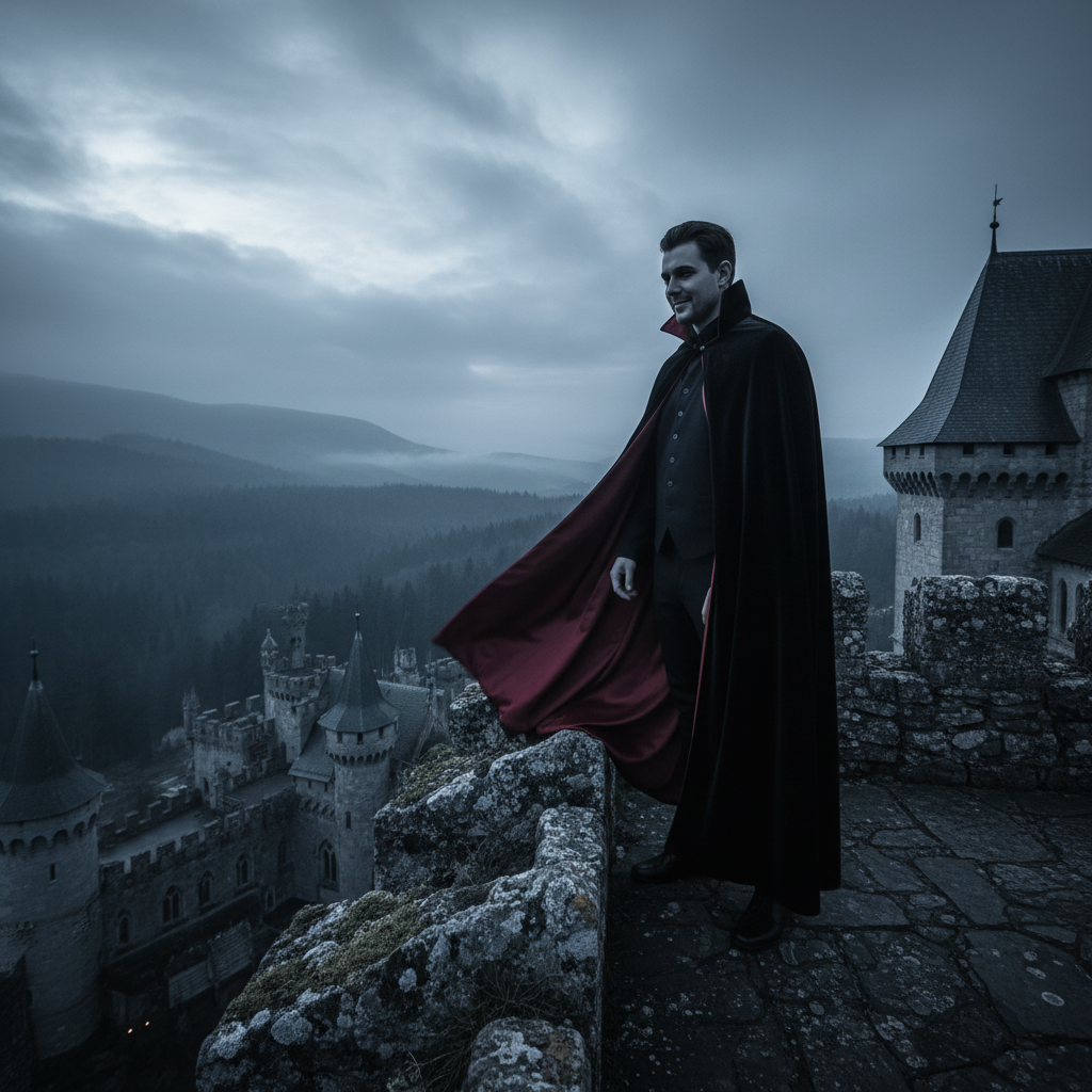 Guest in Dracula costume on castle ramparts