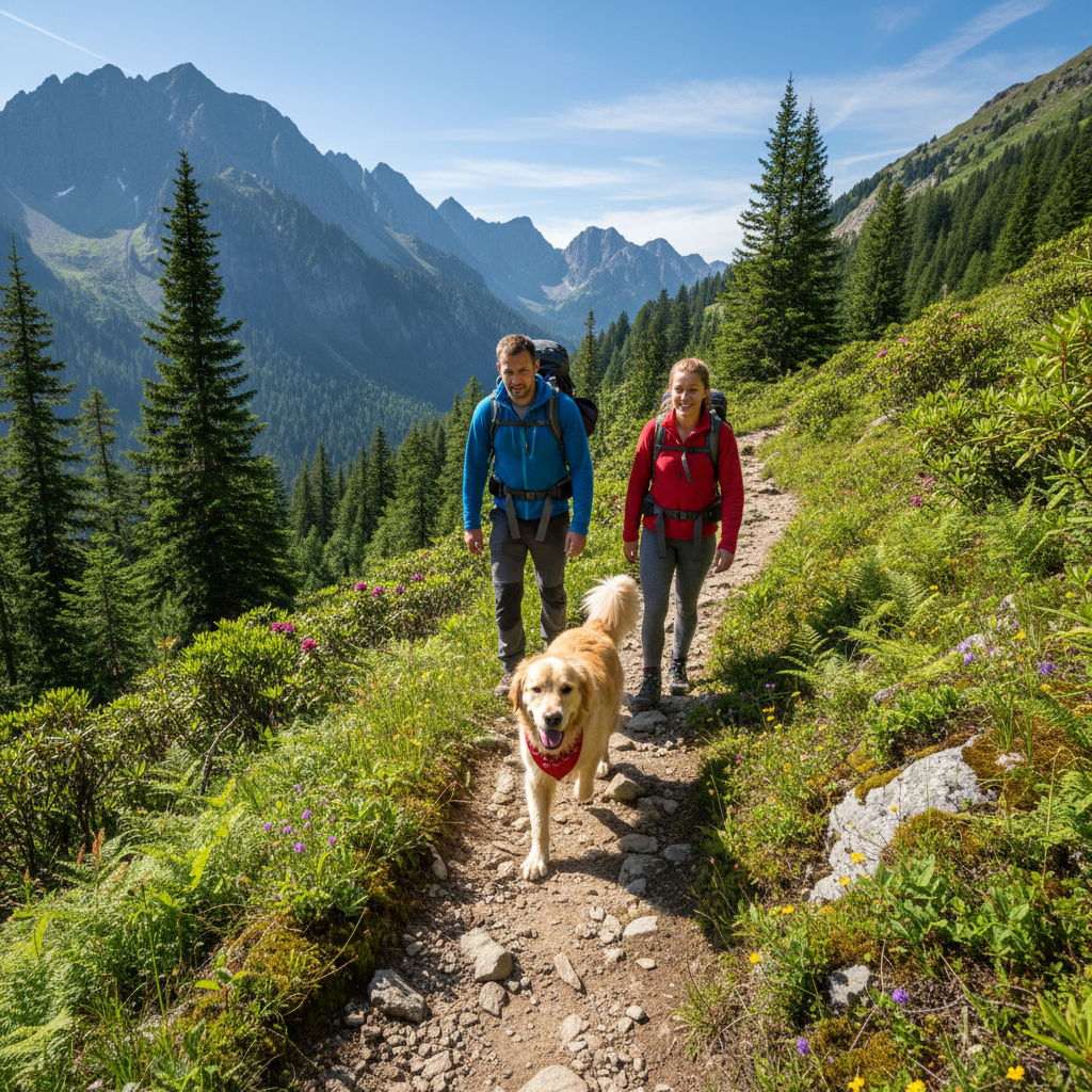 Jordan and Alex Mercer on a mountain trail with Clementine