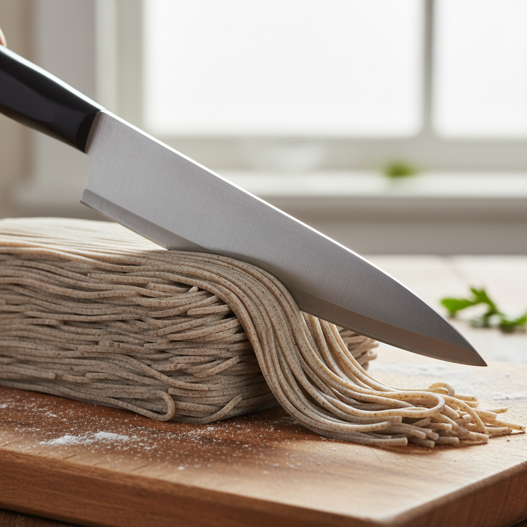 A sharp knife cutting fresh soba noodles at a precise angle on a wooden board, thin ribbons of buckwheat noodle fanning out