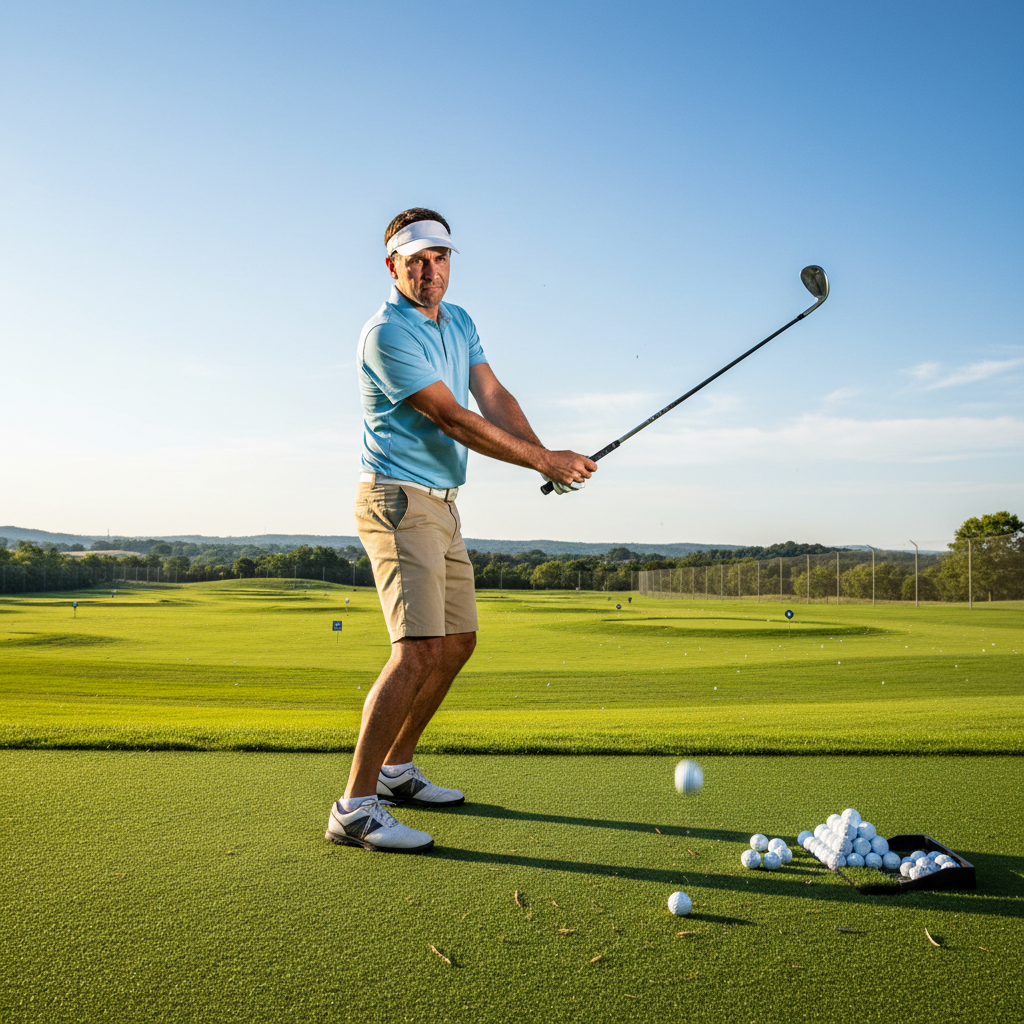 Golfer reaching into a black golf bag pulling out an iron, wearing electric lime technical polo and dark shorts