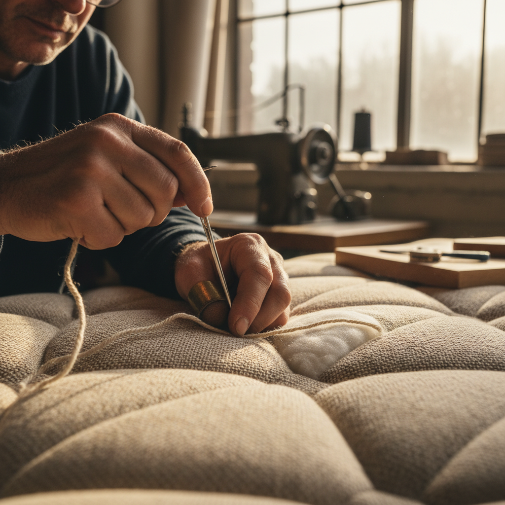 Skilled artisan craftsperson carefully hand-stitching a natural fiber mattress in a well-lit workshop with organic cotton materials nearby