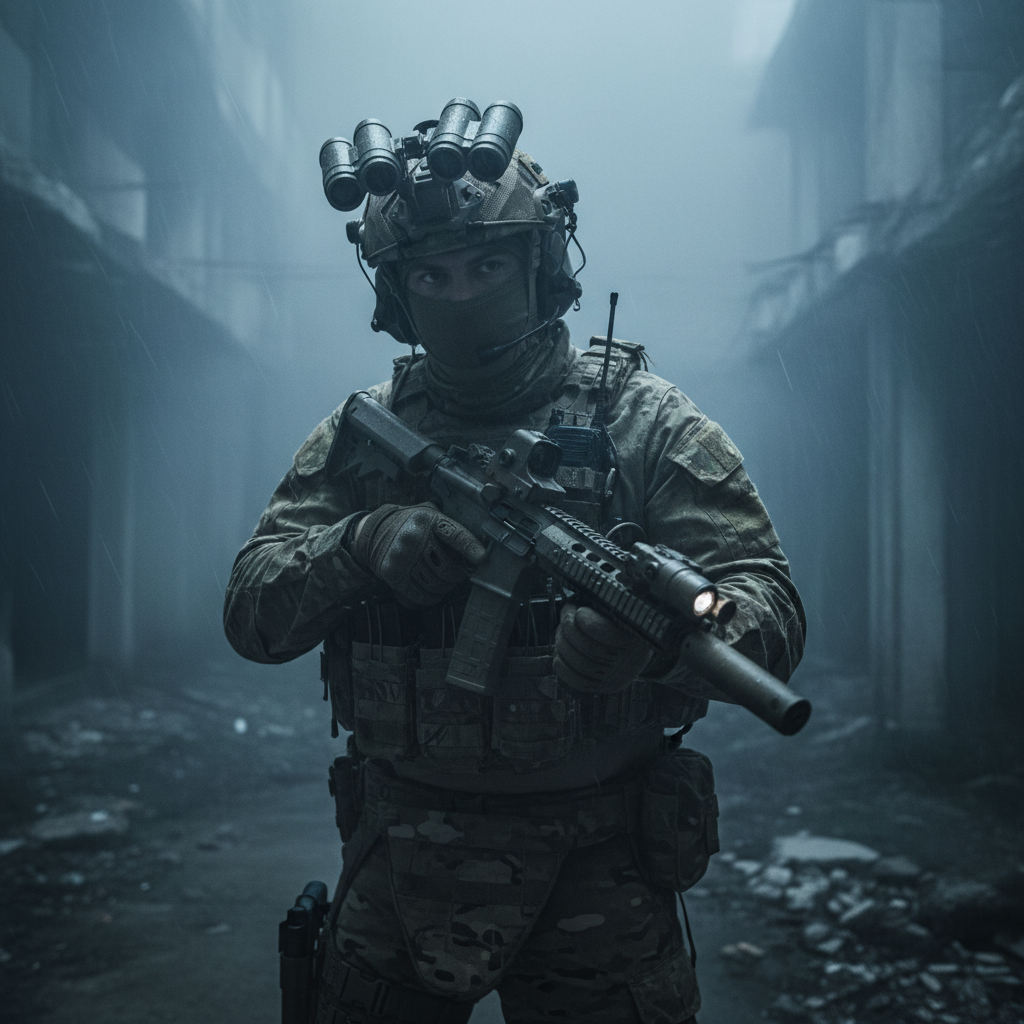 Tactical operator in full PMC kit with helmet and night vision mount, dark foggy environment