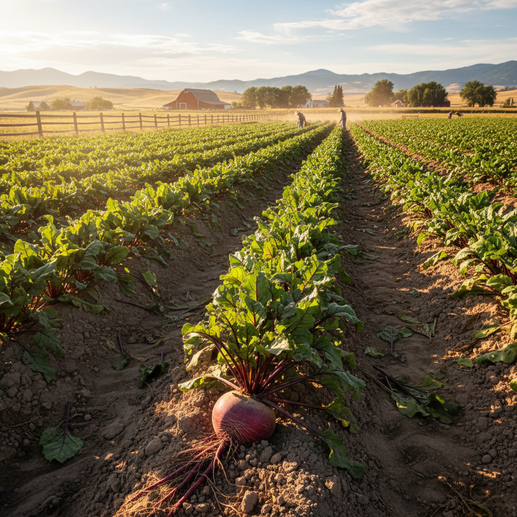 Red soil beetroot farm in Maharashtra with rows of growing beets, warm afternoon light