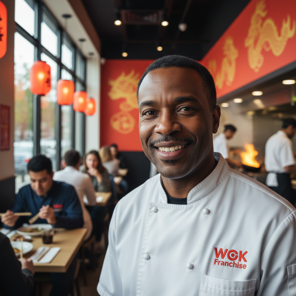 Marcus Webb, Black man in his 40s, smiling confidently in his Wok franchise location