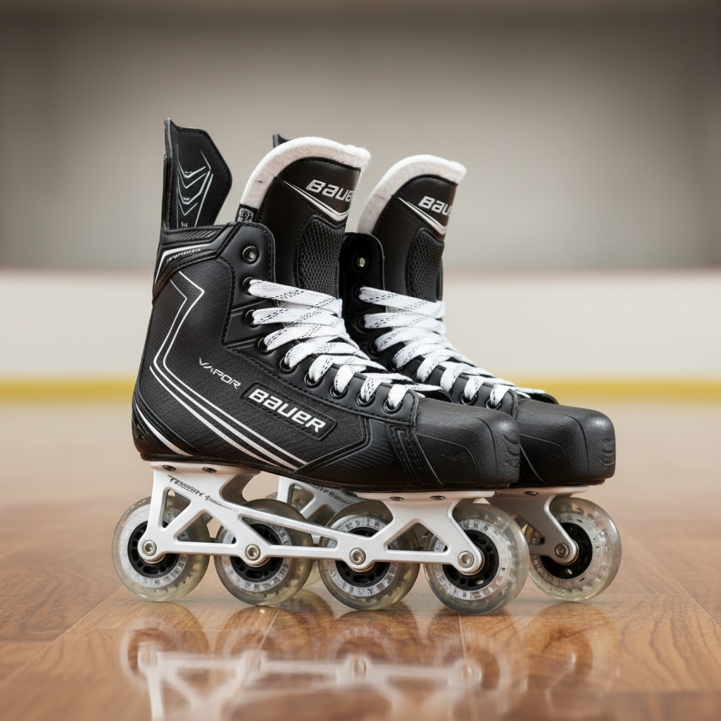 Patins de hockey Bauer junior blancs et noirs sur glace, patinoire intérieure