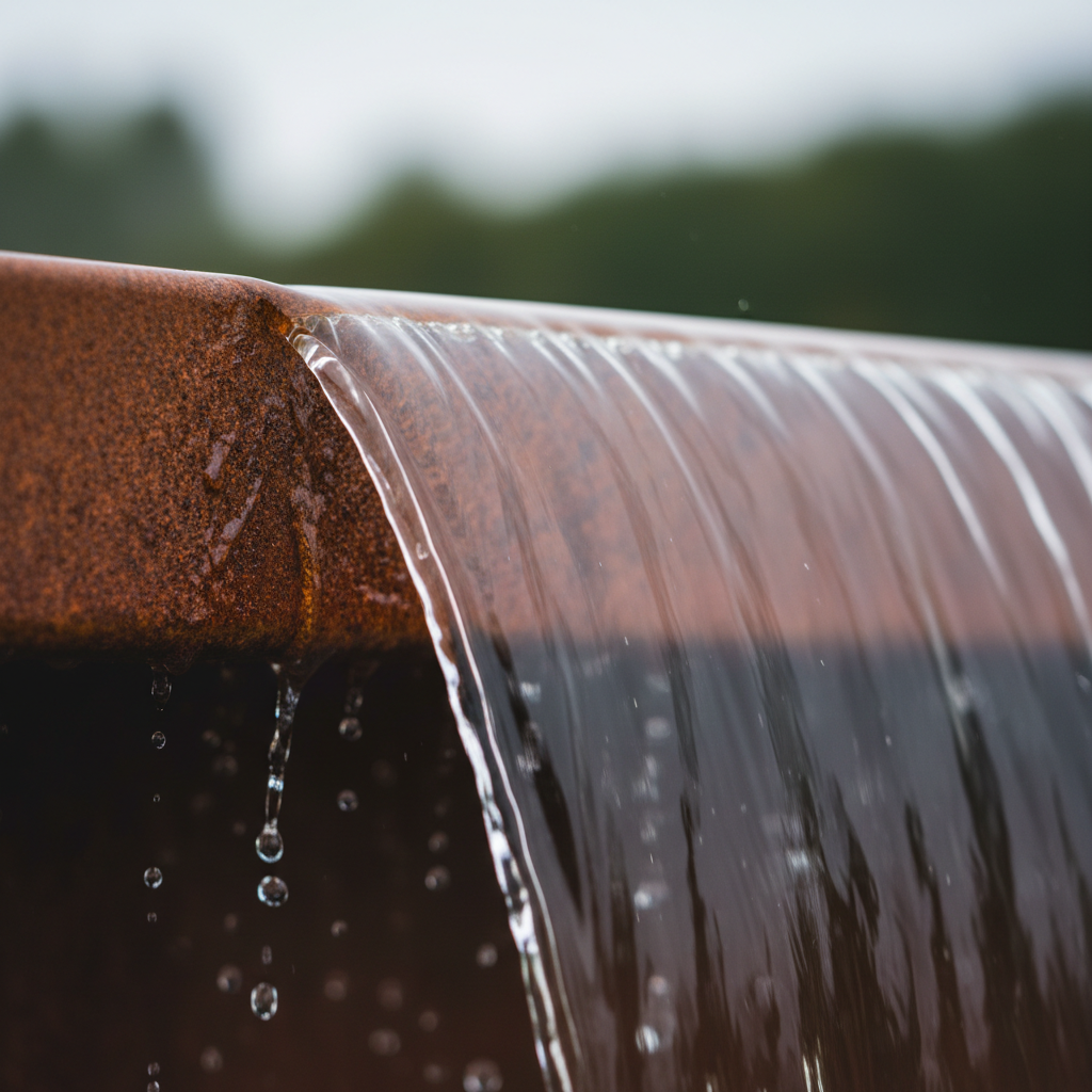 Water sheeting over corten steel edge