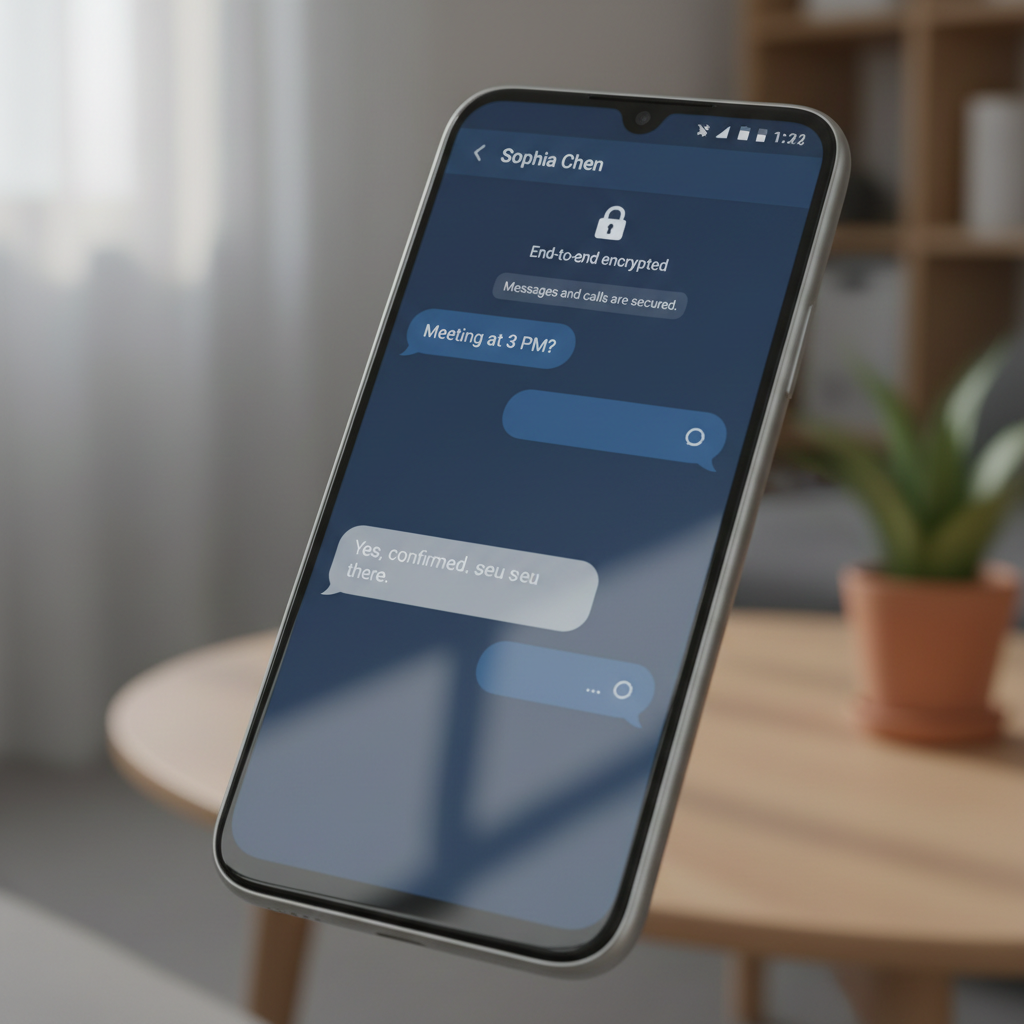 Smartphone displaying secure messaging interface with privacy shield icon and encrypted connection