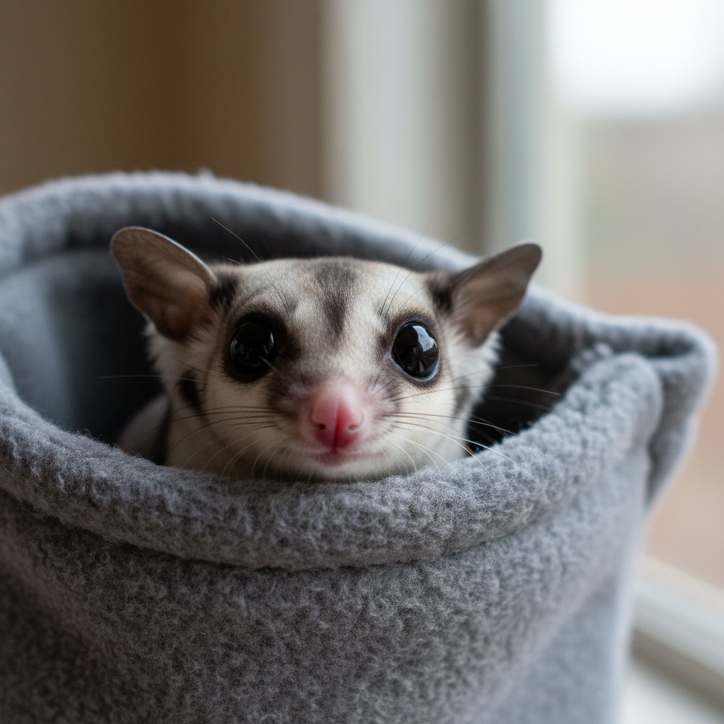 Small glider peeking out from inside a fleece bonding pouch, cautious but curious expression