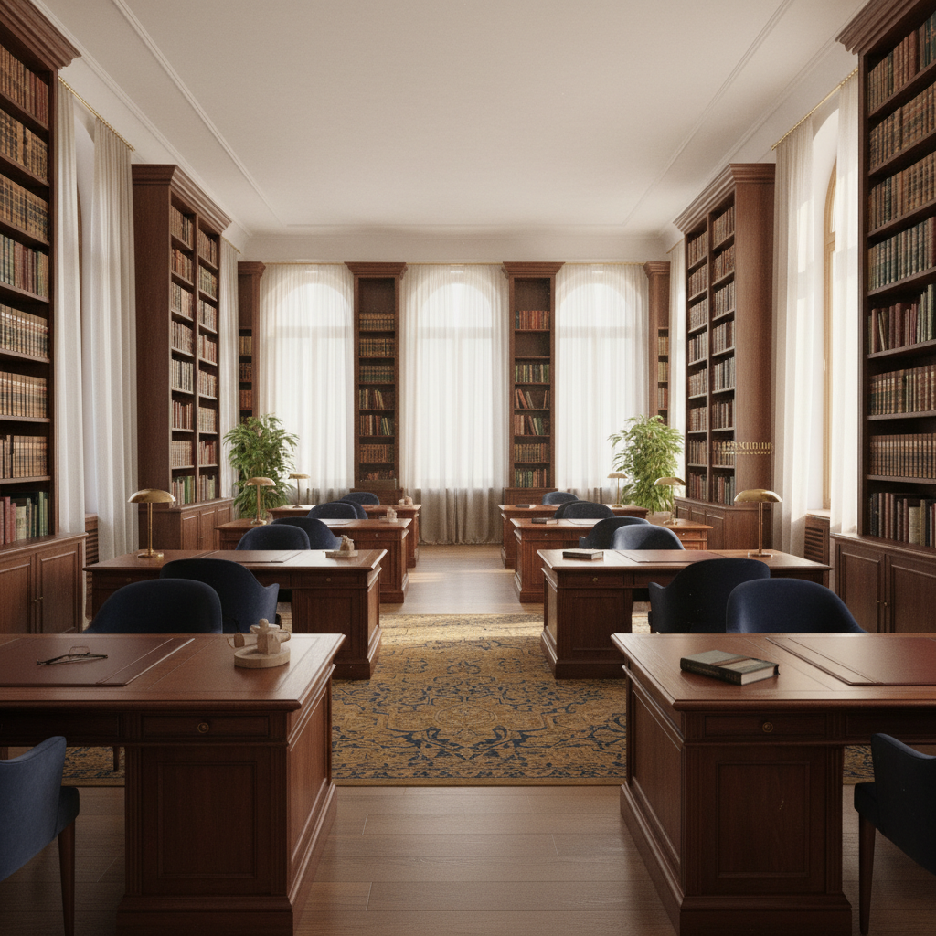 Premium law office interior with dark wood bookshelves filled with legal volumes, elegant desk, and warm atmospheric lighting