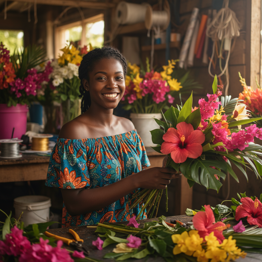 Female florist smiling in bright studio
